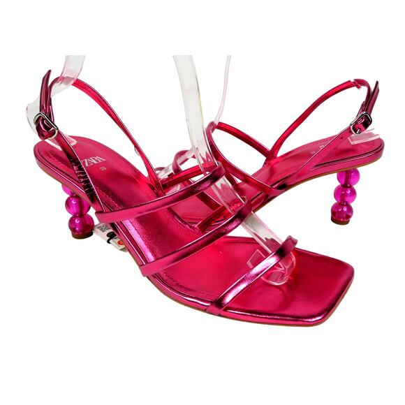 New ZARA Metallic Fuchsia Strappy Lucite Balls Slingback Heel Sandals 8 EU 39 - Picture 2 of 9